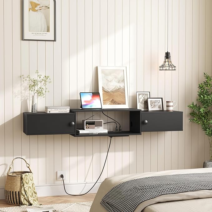 HOOBRO 55" Floating TV Stand with Power Outlets, Modern Wall Mounted Media Console Shelf with Doors, Entertainment Center for Under TV Storage, for Living Room, Bedroom, Black BK11UDS01