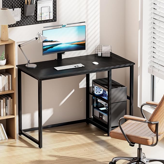 SINPAID Computer Desk 47 inches with 2-Tier Shelves Sturdy Home Office Desks with Large Storage Space Modern Gaming Desk Study Writing Laptop Table, Black