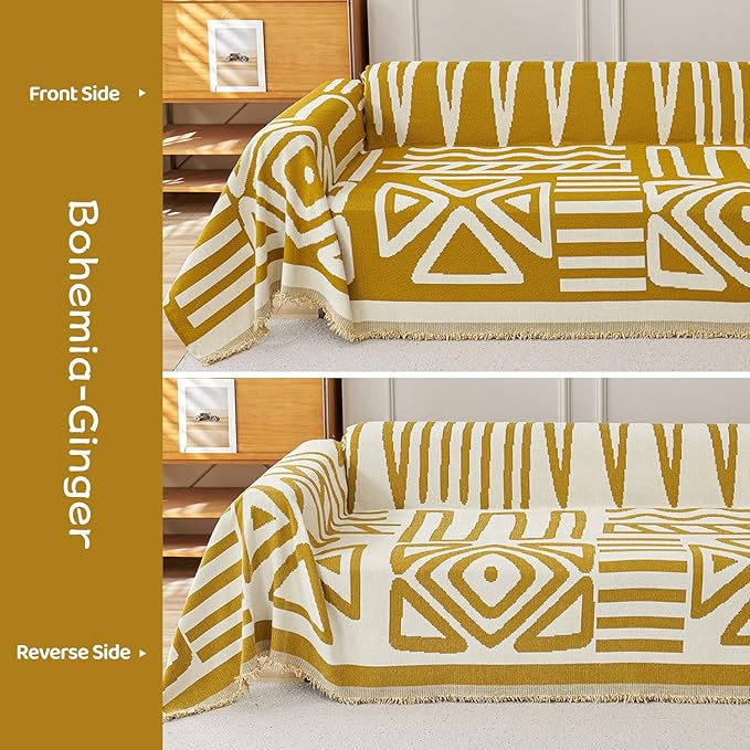 STACYPIK Boho Ginger Yellow Couch Cover, Reversible Sofa Cover L Shaped, Pets Protector for 2 Cushion Couch, Anti Slip Loveseat Sofa Cover Pet Friendly, Washable Jacquard Couch Cover Blankets-71X118IN