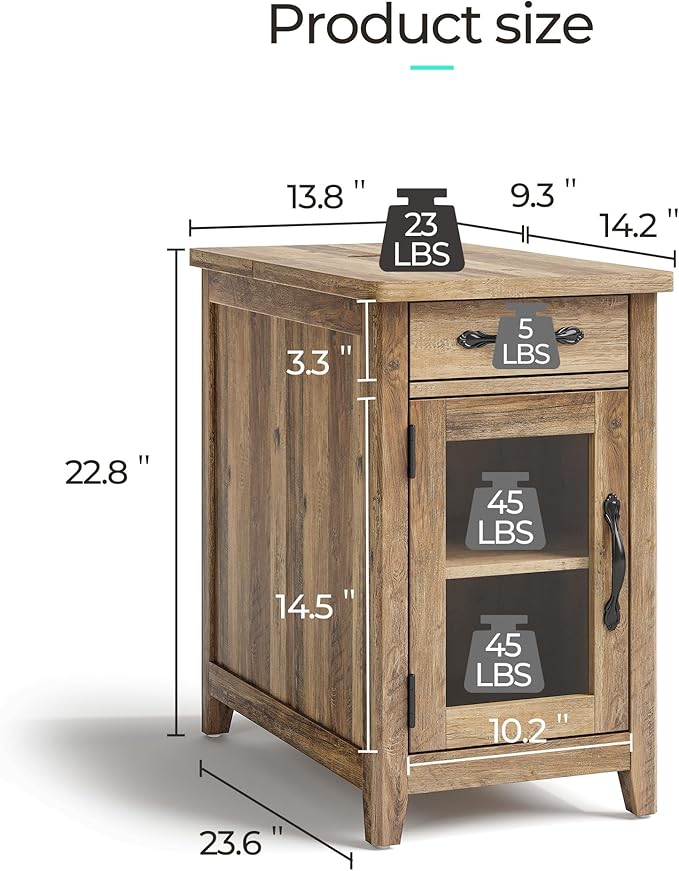 LINSY HOME End Table Set of 2 with Charging Station, Modern Farmhouse Sofa Couch Side Table, Wooden Bedside Table for Living Room, Nightstand with Storage Cabinet for Small Space, Brown, Glass Door