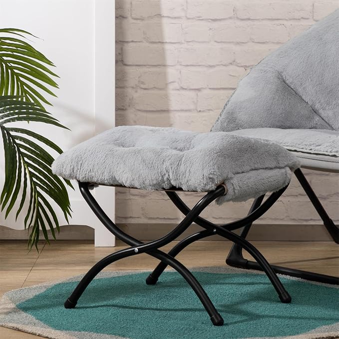 HollyHOME 15"(H) Folding Footrest Stool, Upholstered Small Foldable Ottoman, Accent Padded Sofa Foot Stool for Lazy Chair, Metal Frame Portable Foot Rest Ottoman for Home, Living Room, Bedroom, Grey