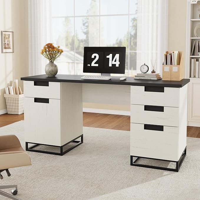 Garvee 59" Farmhouse Executive Desk, Home Office Desk with File Drawer and Storage Cabinet, Wooden Computer Table with 3 Drawers for Work and Study (Black)