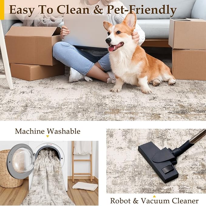 4x6 Washable Area Rug Brown Grey Neutral Abstract Entryway Kitchen Non Slip Low Pile Throw Rug Living Room Bedroom Indoor Doormat Soft Carpet for Entrance Bathroom Office