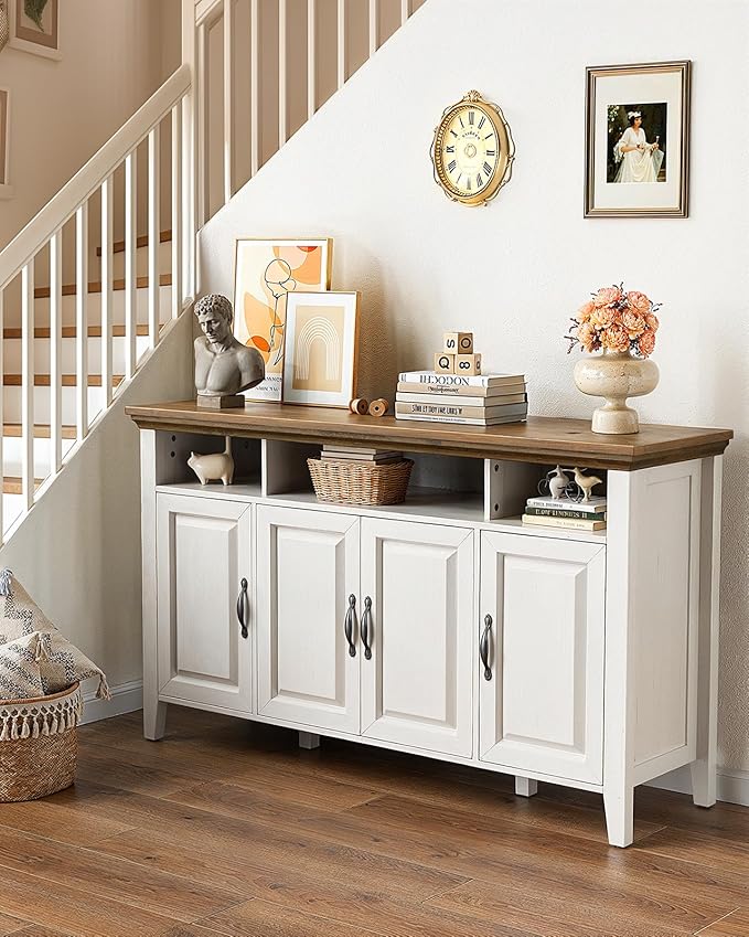 Marsail Sideboard Buffet Cabinet with Storage, 55" Farmhouse Kitchen Buffet Bar Table 4 Door Storage Cabinets for Dining Room Furniture, Brown & White