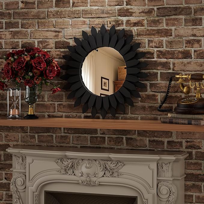 20 Inch Black Boho Wall Decor Sunburst Mirror - Round Wooden Wall Decor, Handmade Rustic Circular Mirror for Living Room, Bedroom, Entryway, Office