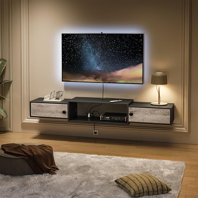 HOOBRO 55" Floating TV Stand with Power Outlets, Modern Wall Mounted Media Console Shelf with Doors, Entertainment Center for Under TV Storage, for Living Room, Bedroom, Greige and Black BG11UDS01