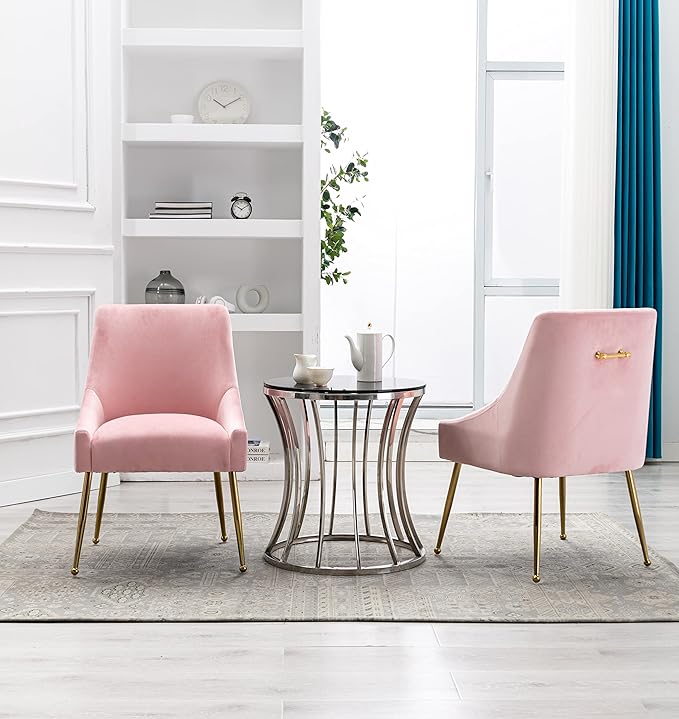 Velvet Dining Chairs Set of 2, Furniture Collection Modern Contemporary Upholstered with Polished Gold Metal Legs(Pink)