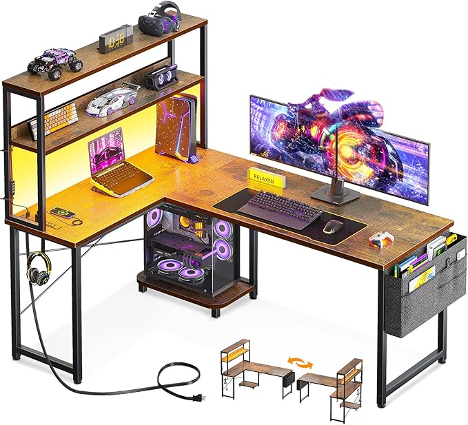 ODK 53 Inch L Shaped Desk with LED Lighting, Reversible Gaming Desk with Power Outlets, Cornor Computer Table with Storage Shelves & Bag & Iron Hook, Home Office Table for Writing, Study, Vintage