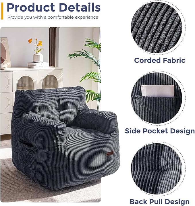 MAXYOYO Bean Bag Chair, Tufted Bean Bag Couch Lazy Chair, Living Room Sofa Couch with Filler for Adult Teens Kids, Corded Fabric Accent Sofa for Bedroom Dorm, Dark Grey