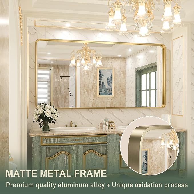 TokeShimi 72x36 Inch Gold Bathroom Vanity Mirror for Wall Rectangle Mirror with Non-Rusting Aluminum Alloy Brushed Matte Metal Frame for Modern Minimalist Farmhouse Home Decor (Horizontal/Vertical)