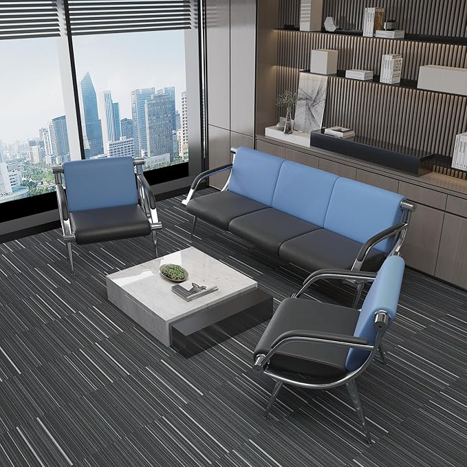 wonline 4 Seat Waiting Room Chair with Armrest PU Leather Office Furniture, Office Guest Seating Lobby Conference Reception Chairs for Airport Clinic Hospital Bank Salon Barber(Blue&Black)