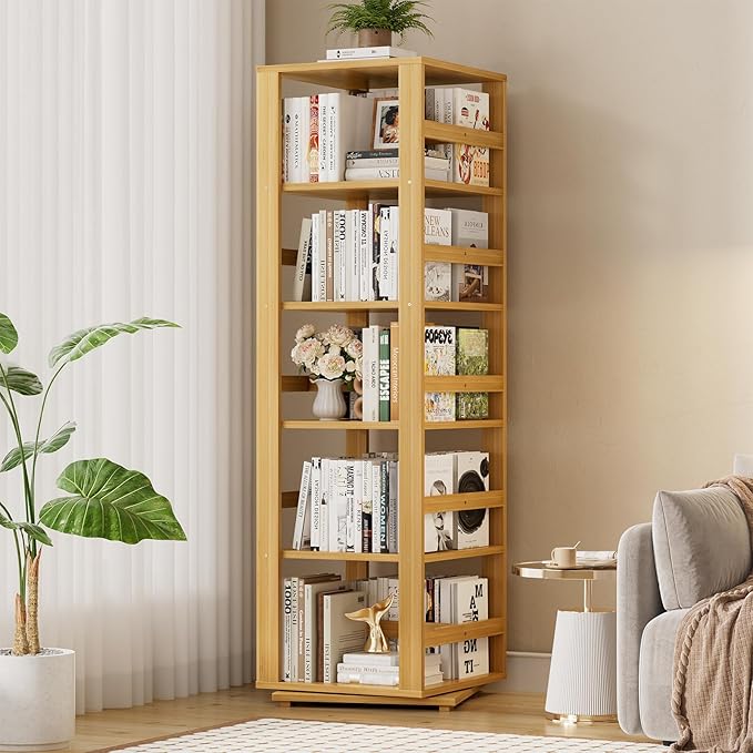 Homykic Rotating Bookshelf, Bamboo 360 Display Spinning Bookshelf Tower, 5-Tier Small Corner Bookcase for Small Spaces, Narrow Revolving Book Shelf Organizer Rack for Home Office, Natural