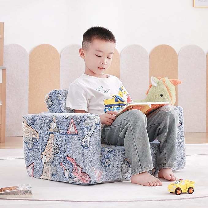 Tiita Kids Chair Couch, Folding Toddler Comfy Sofa Chairs, 2-in-1 Kids Plush Sofa Fold Out, Baby Armrest Chair to Lounger, Convertible Play Sofas to Bed for Girl or Boy, Vehicles