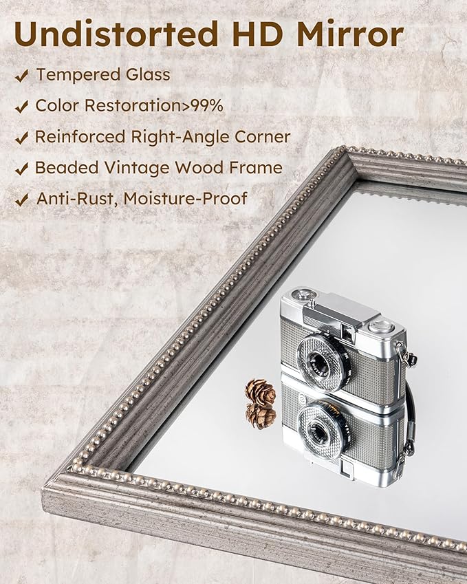 Axeman 30x36 Wood Wall Mirror, Rustic Bathroom Mirror, Vintage Wall Mounted Mirror Tempered Glass with Beaded Wooden Frame for Farmhouse Living Room Vanity Bedroom Entryway, Grey
