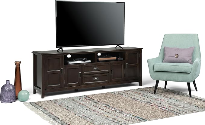 SIMPLIHOME Burlington SOLID WOOD 72 inch Wide Transitional TV Media Stand in Mahogany Brown For TVs up to 80 inches for the Living Room and Entertainment Center