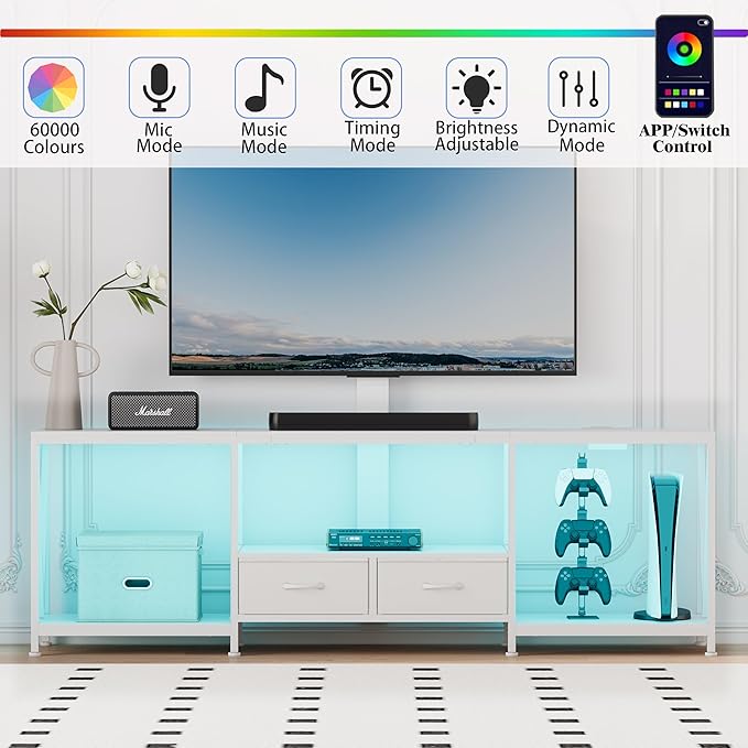 63" W TV Stand with Mount for 55,65,75" TV,Entertainment Center with Power Outlet and Led Lights,Height Adjustable TV Console Table with Open Storage Shelves and Fabric Drawers (White, 63" W)