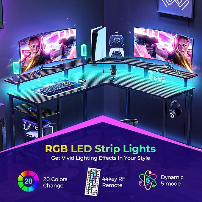 Rolanstar L Shaped Gaming Desk with LED Lights & Power Outlets, 46.2" Computer Desk with Full Monitor Stand & Storage Shelf, Corner Desk with Hooks, Carbon Fiber Desk Reversible