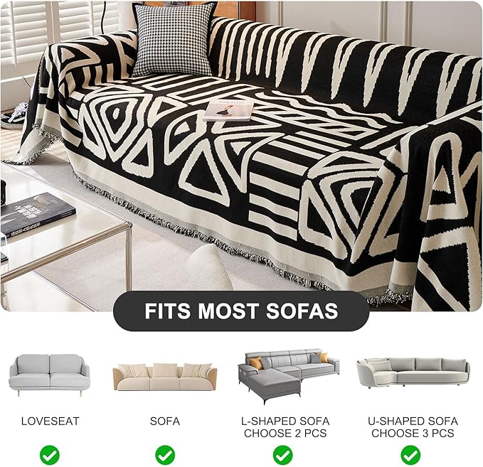 STACYPIK Boho Geometric Sofa Cover Chenille Beige Black Couch Cover for Dog Pet Friendly Couch Protector for 3-4 Cushion Couch Non-Slip Jacquard Sectional Couch Cover Tassels Sofa Slipcover-71x150IN