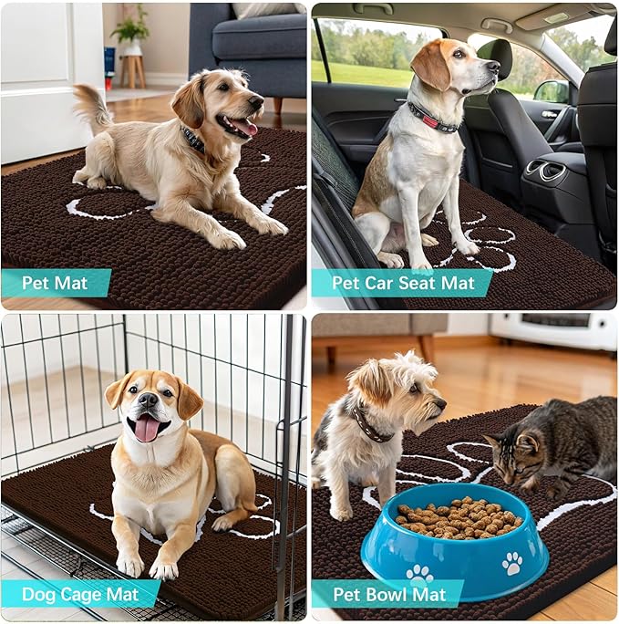 OLANLY Door Mat for Muddy Dog Paws 59x35, Ultra Absorbent Chenille Mud Doormat with Paw Print Design, Non-Slip Washable Doormat for Indoor Entryway, Quick-Dry Pet Bed Mats for Dirty Dogs, Brown