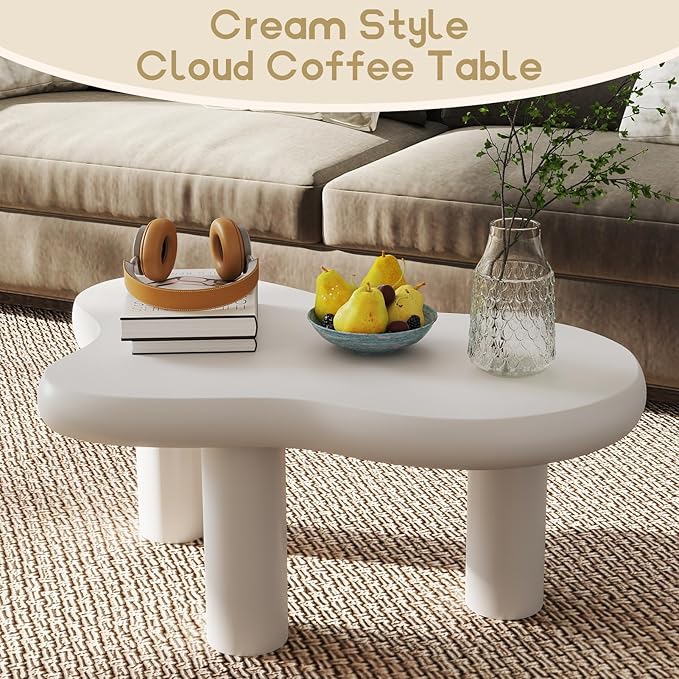 HollyHOME Cloud Coffee Table, Unique Design Accent Table for Living Room and Bedroom, Stylish and Functional Furniture Piece-Durable and Easy to Clean, Free Shape with 3 Legs, 33.9in, Cream White
