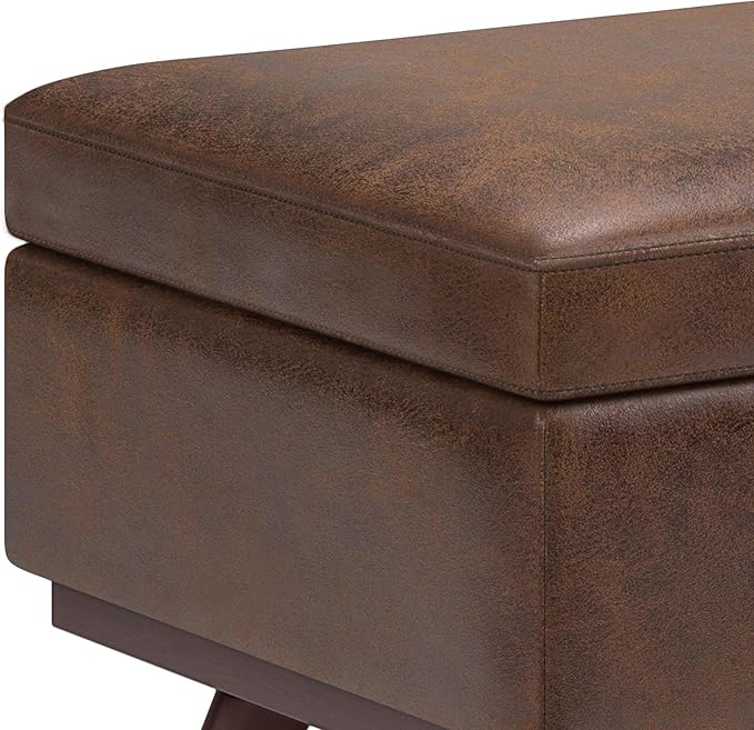 SIMPLIHOME Owen 42 inch Wide Mid Century Modern Rectangle Lift Top Large Coffee Table Storage Ottoman in Distressed Chestnut Brown Vegan Faux Leather, Assembled, For the Living Room