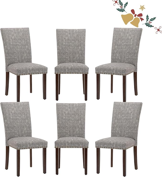 Parsons Dining Chairs Set of 6, Upholstered Nailhead Dining Room Kitchen Side Chair with Thick Cushions and Wood Legs, Black/White
