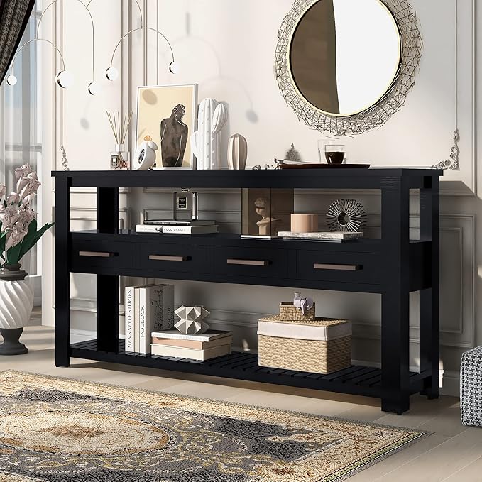 Ball & Cast 62.2“ Contemporary 4 Drawers Console Table, Long Entryway Table with Drawer & 3 Tier Shelves, Modern Storage Sofa Table, Farmhouse Wood Couch Table for Entrance Hallway Living,Black