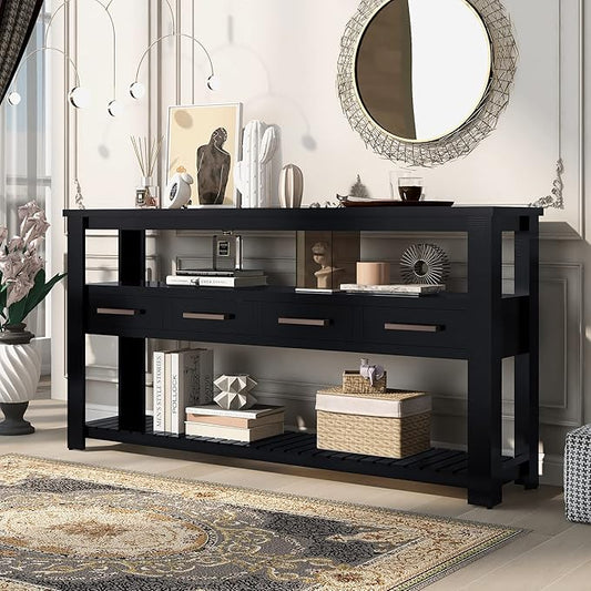 Ball & Cast 62.2“ Contemporary 4 Drawers Console Table, Long Entryway Table with Drawer & 3 Tier Shelves, Modern Storage Sofa Table, Farmhouse Wood Couch Table for Entrance Hallway Living,Black