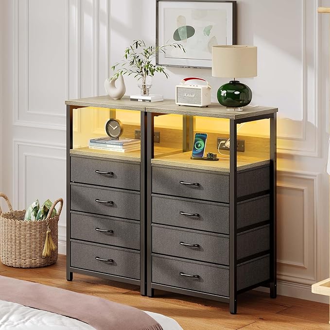 Seventable Night Stand with Charging Station, Tall Nightstand with 4 Fabric Storage Drawers, Side Table with LED Light for Bedroom, Entryway, Greige, Set of 2