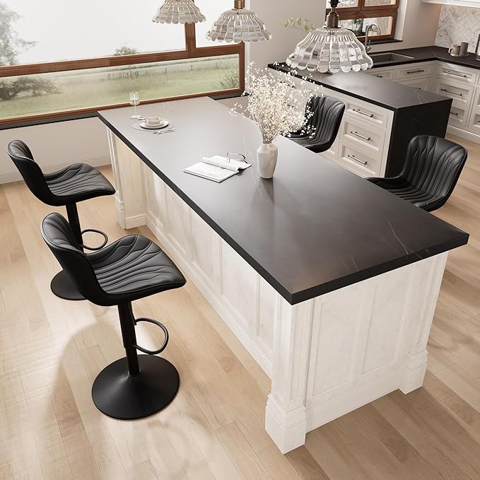 YOUNIKE 3 Black Bar Stools Modern Swivel Counter Height Bar Chair with Back Adjustable Kitchen Island Faux Leather Padded Barstools taburetes de bar Breakfast sillas para barra de cocina 3PCS