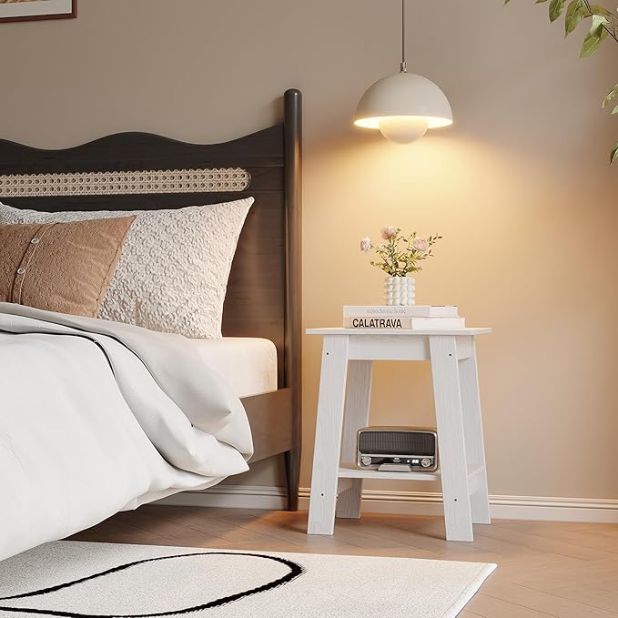 End Table with Double Storage Shelves, Small Space Side Table for Farmhouse Bedroom, Studio Apartment, Entryway， White
