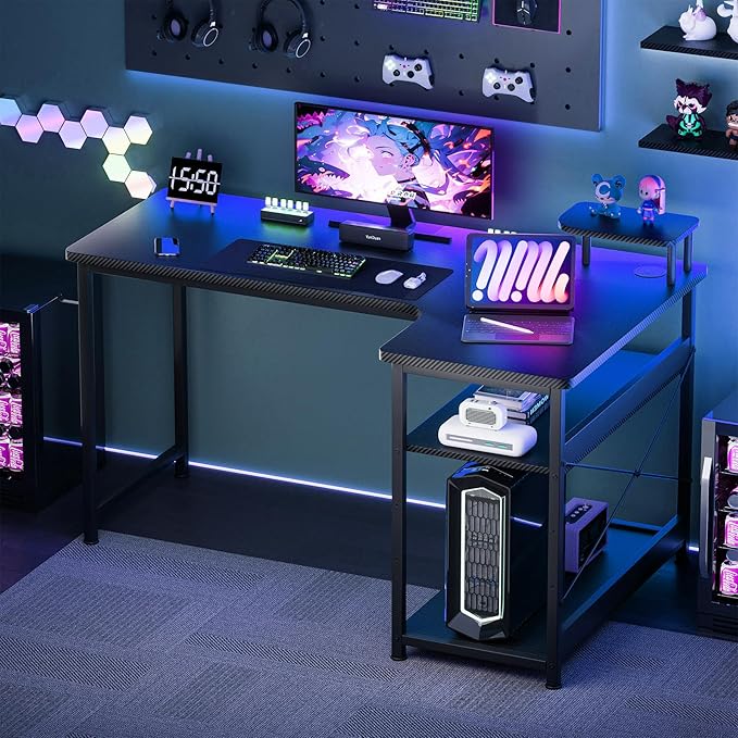 GTPLAYER L Shaped Gaming Desk, Carbon Fiber Style Computer Desk with Monitor Shelf and Hook, Black Small L Shape Desk with Adjustable Open Storage Shelf, Corner PC Table for Small Space Home Office
