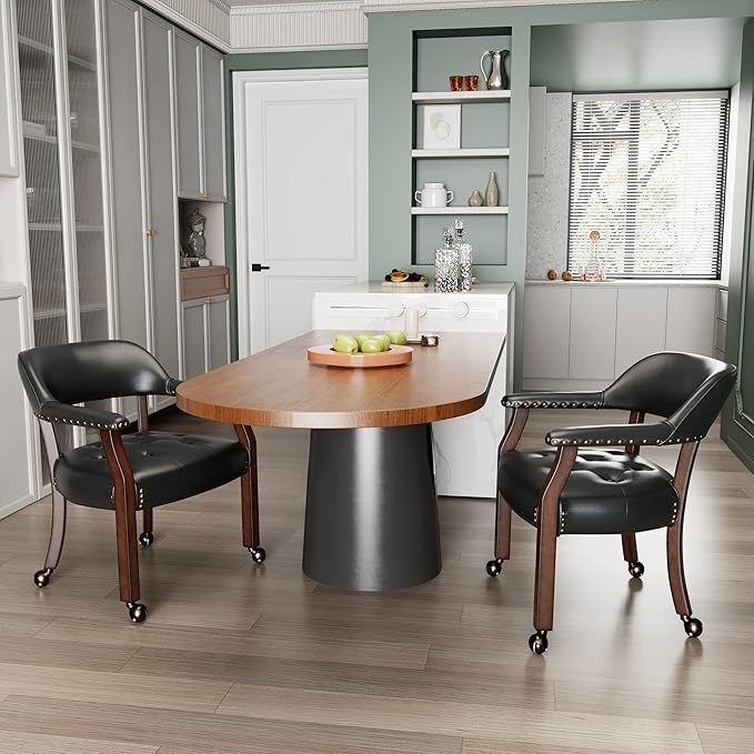 LEEMTORIG Large Dining Chairs with Casters and Arms, Rolling Dining Chairs with Wheels, Accent Game Chairs Boss Caption's Chairs, 26" D x 25.2" W x 31.5" H, Cherry Legs & Black SY-1533-BK