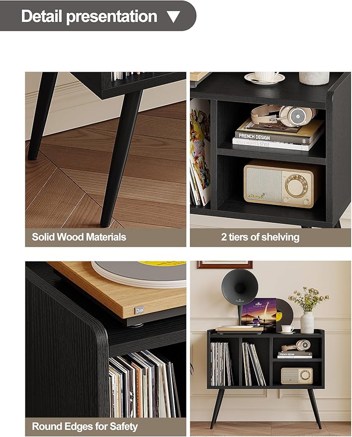 Record Player Stand with Vinyl Storage,Turntable Stand with Solid Wood Legs,Record Player Table Holds Up to 200 Albums,Vinyl Holder Storage Shelf for Bedroom Living Room,Black