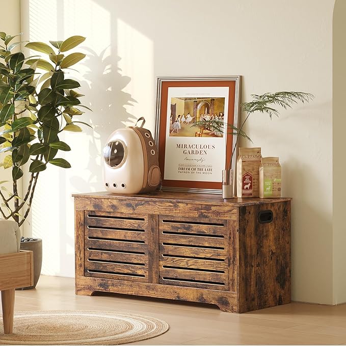 DINZI LVJ Storage Chest, 43.3” Wooden Toy Box with 2 Safety Hinges, Retro Entryway Shoe Storage Bench with Flip-Top, Sturdy Large Storage Trunk for Living Room, Bedroom, Easy Assembly, Rustic Brown
