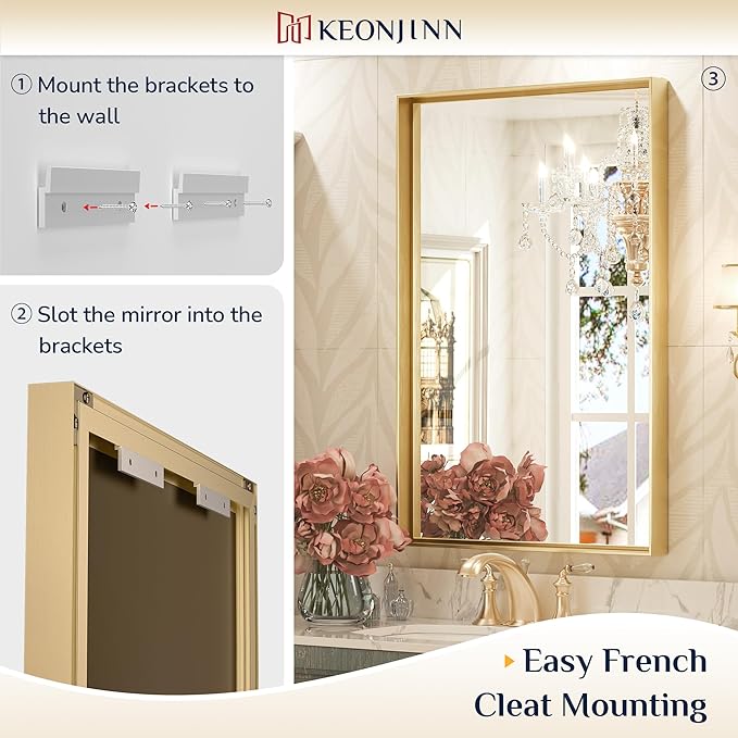 Keonjinn Brushed Gold Bathroom Mirror 42 x 36 Inch Metal Frame Rectangular Large Wall Mirror for Bathroom Sink Gold Vanity Mirror for Over Sink Aluminum Alloy Rectangle Mirror(Horizontal/Vertical)