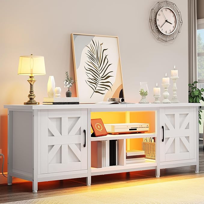 YITAHOME TV Stand with LED Lights & Charging Station, Farmhouse Entertainment Center with Storage Cabinets & Shelves, Cross-Pattern Doors, Fits TVs up to 70'', TV Consoles for Living Room, White
