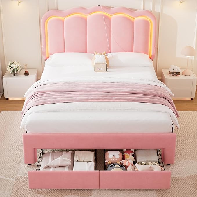 Full Upholstered LED Bed Frame with 2 Storage Drawers and Adjustable Chic Double Wavy Headboard, Velvet Princess Platform Bed with Charing Station, Solid Wood Slats Support,No Box Spring Needed, Pink