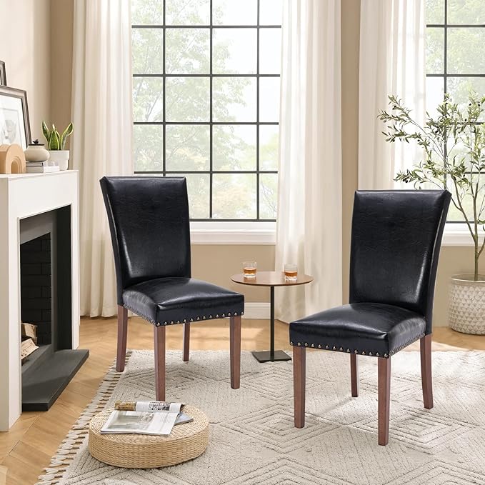 Parsons Dining Chairs Set of 4, Upholstered Nailhead PU Leather Dining Room Kitchen Side Chair with Thick Cushions and Wood Legs, Black