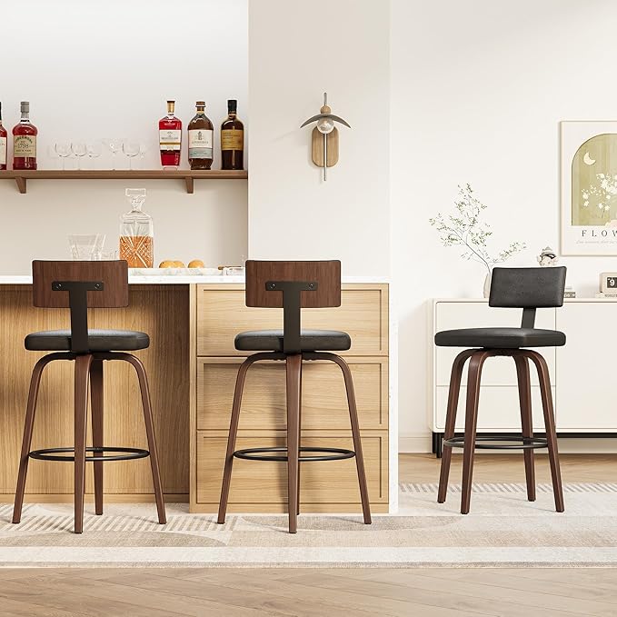 IRONCK Counter Height Bar Stools Set of 2, 29'' Faux Leather Upholstered Barstools with Back, Footrest, Wood Texture Bent Legs, Mid-Century Modern 360° Swivel Bar Stools for Kitchen Island, Black