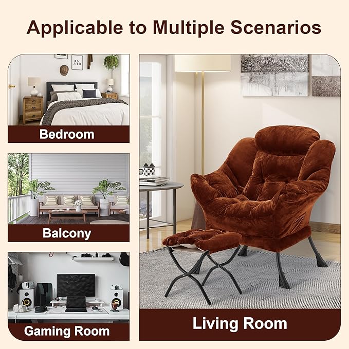 Fabric Lazy Chair with Ottoman, Oversized Upholstered Sofa Chair for Adults, Plush Comfy Lounge Chair with Large Side Storage Pocket, Reading Chair for Living Room, Bedroom, Study Room, Brown