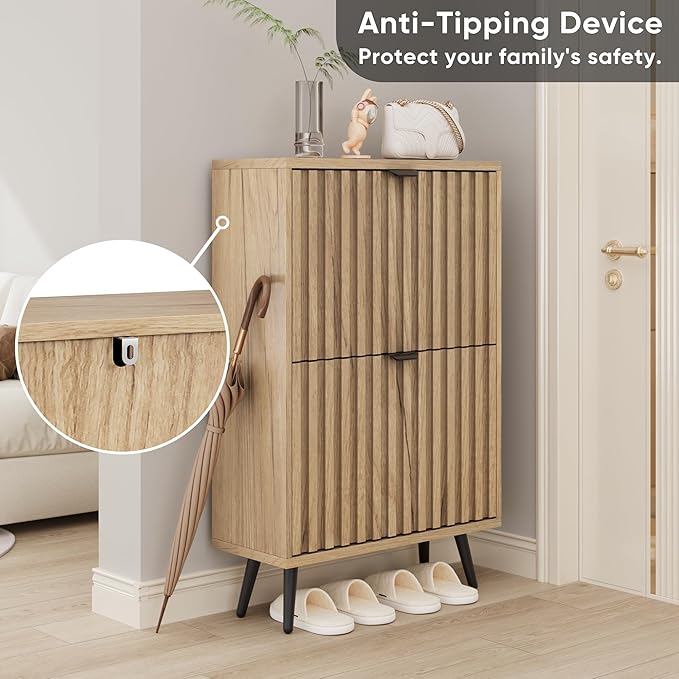 Smuxee Shoe Cabinet with 2 Flip Drawers, 23.6" Natural Hidden Shoe Storage Cabinet with Fluted Design, Freestanding Shoe Organizer Cabinet for Entryway, Hallway, Closet, Living Room