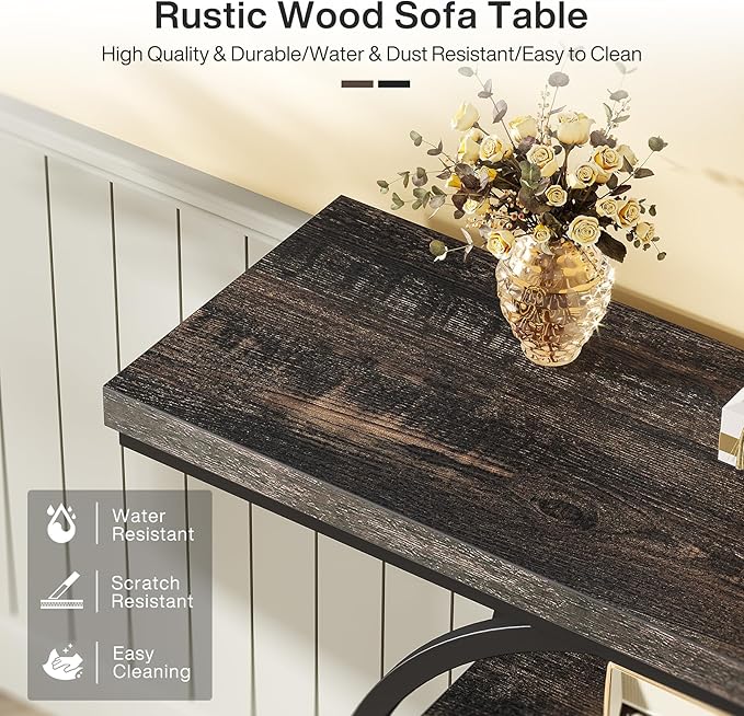 Tribesigns 41.3" Console Table, Industrial 4-Tier Sofa Table Entryway Table with Circle Base, Narrow Wood Accent Tables with Storage Shelves for Living Room, Hallway, Foyer, Charcoal Black