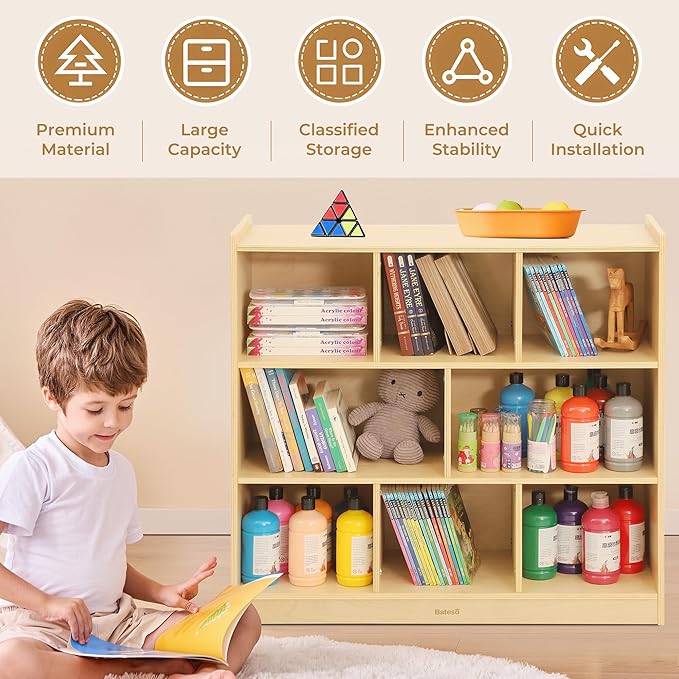 Toy Storage Organizer for Kids Room, Wooden Kids Bookshelf for Classroom, Cube Storage Organizer for Playroom, 8-Section Montessori Bookshelf & Toy Shelf for Nursery