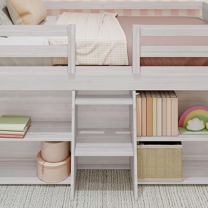 Max & Lily Modern Farmhouse Low Loft Bed, Twin Bed Frame for Kids with 2 Bookcases, White Wash