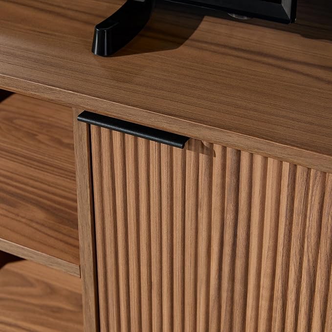 Walker Edison Modern Curved Reeded TV Stand for TVs up to 70 Inches, Credenza with Sliding Doors and Adjustable Shelves, TV Stand with Cord Management Cutout, 70 Inch, Mocha