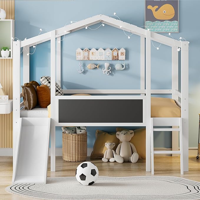 Ball & Cast Twin Size House Loft Bed with Ladder and Slide,Wood Bunkbed w/Blackboard and Light Strip on The Roof,Slat Support,Space Saving,Bedroom Furniture for Student Dorms,White