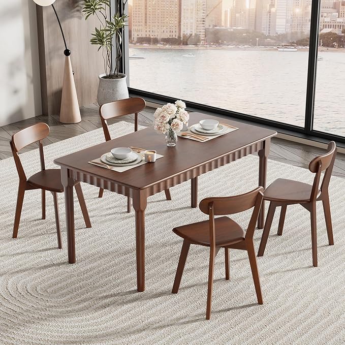 Solid Wood Dining Chairs Set of 4, Farmhouse Kitchen Chairs with Oak Backrest, Wooden Dining Room Chairs for Dining Room, Living Room, Non-Slip Foot Pads, Walnut