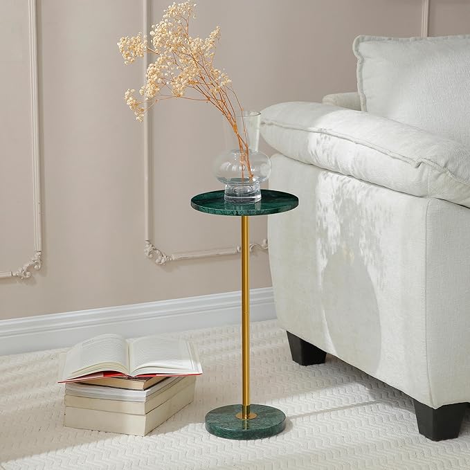 Φ9.8-inch Marble Round Drink Table, Stone Finish Pedestal End Table for Living Room, Weighted Base Small Accent Side Table for Small Space - Emerald Green