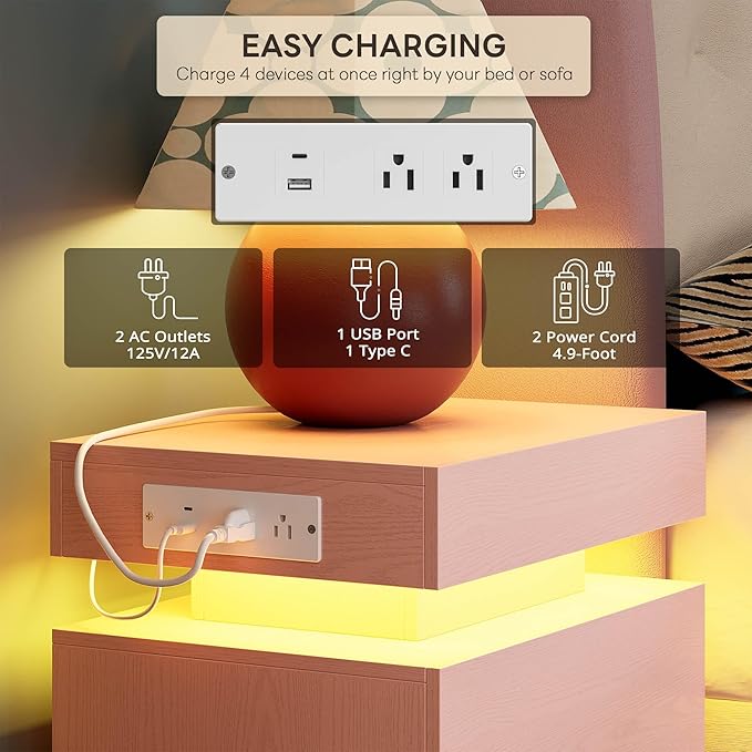 LIKIMIO Night Stand with Charging Station, Modern Pink Nightstand with LED Light and Drawers, Bedside Tables/End Table for Bedroom